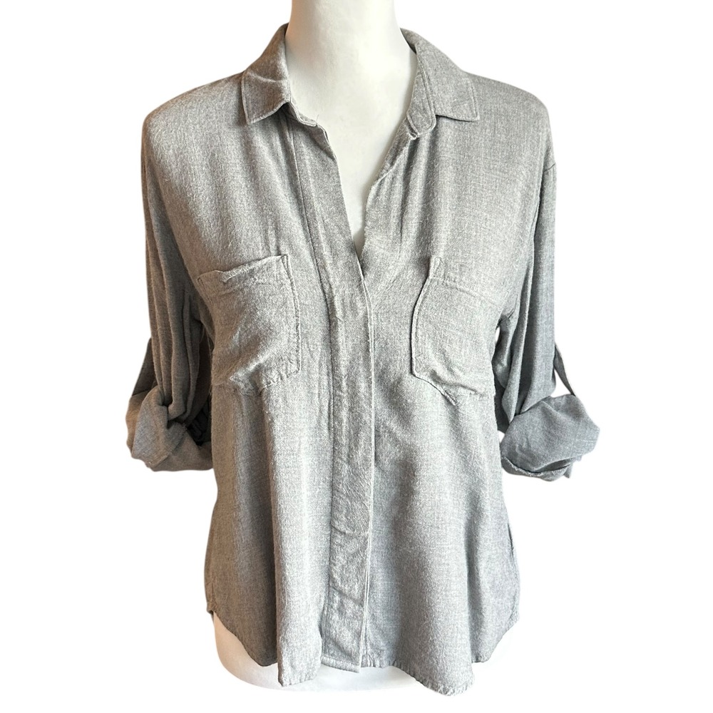 Cloth & Stone Anthropologie Shirt Women's XS Gray Roll Tab Sleeve Button‎ Down